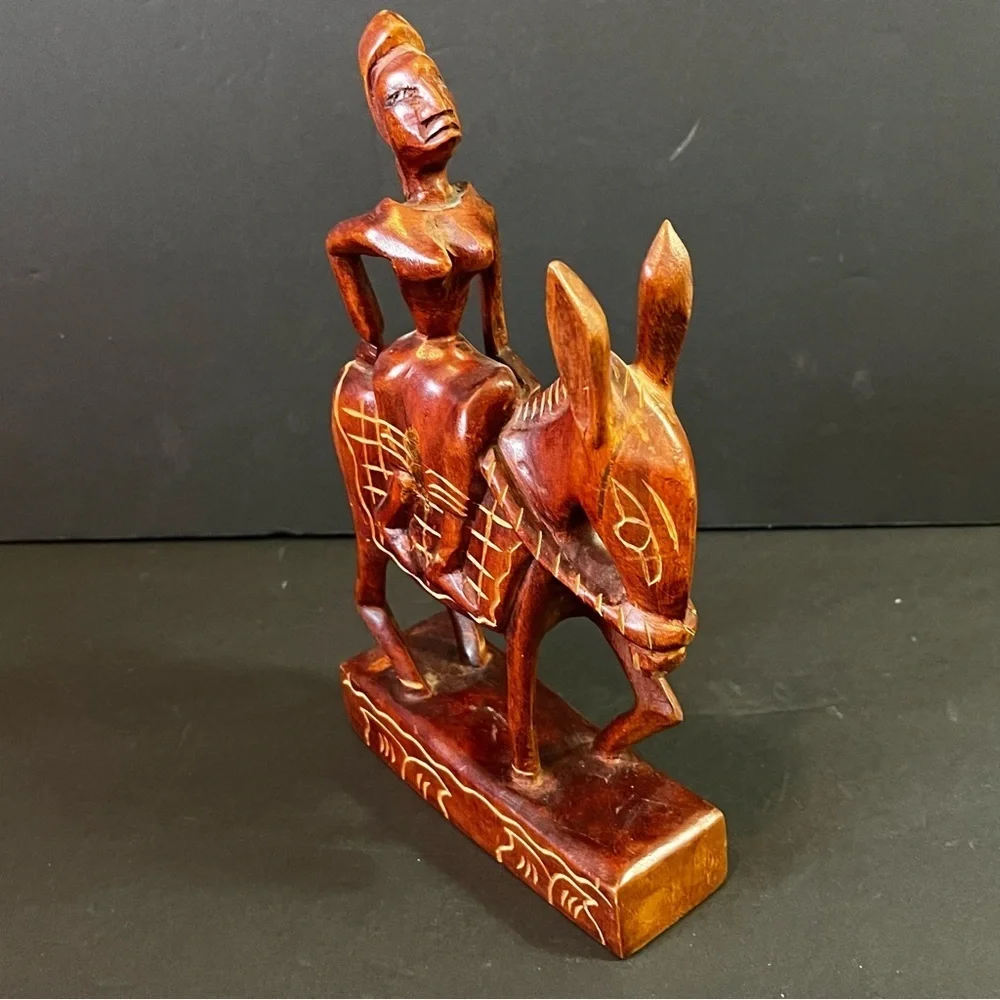 Hand Carved African Wood Woman Riding Donkey Figurine Folk Art Rustic Primitive